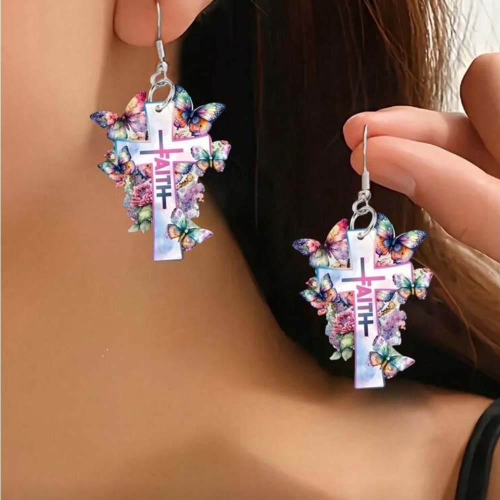 Butterfly and Flower Faith Cross Earrings